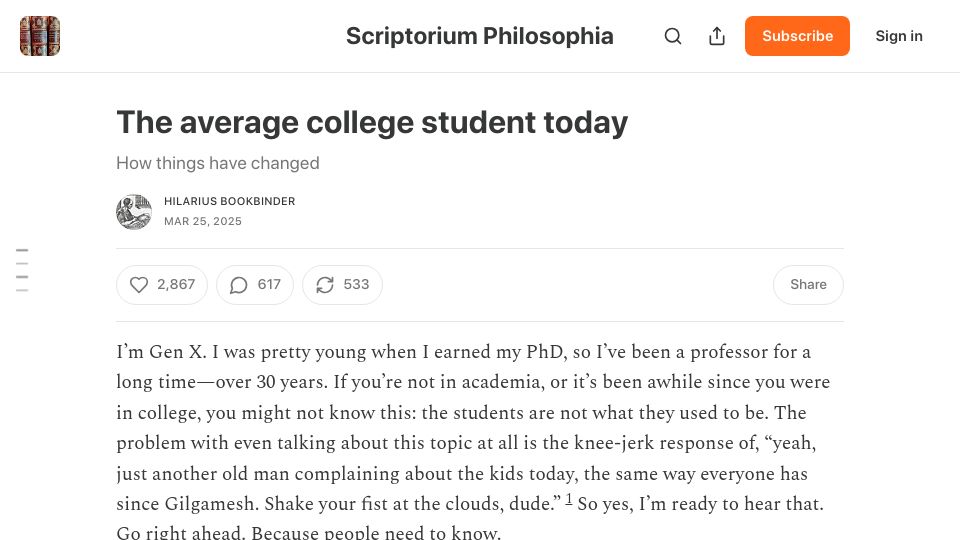 Screenshot of hilariusbookbinder.substack.com: The average college student today