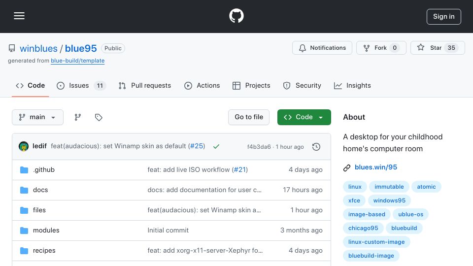 Screenshot of github.com: Blue95: a desktop for your childhood home's computer room