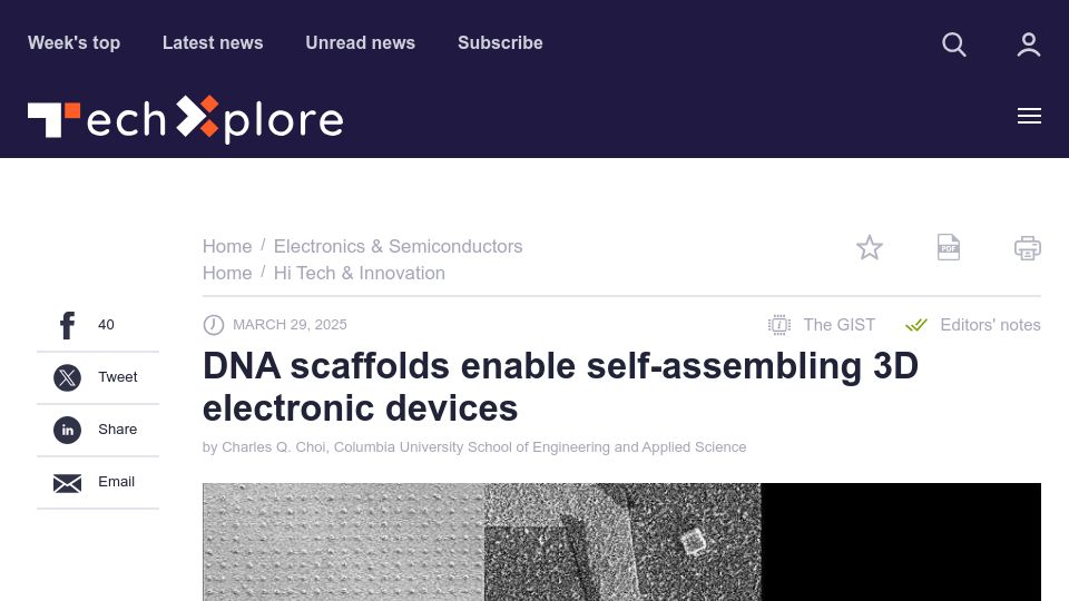 Screenshot of techxplore.com: DNA scaffolds enable self-assembling 3D electronic devices