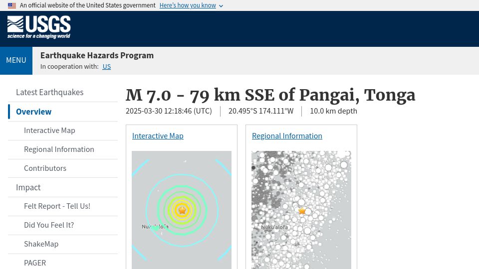 Screenshot of earthquake.usgs.gov: USGS: M 7.1 Earthquake – 90 km SE of Pangai, Tonga