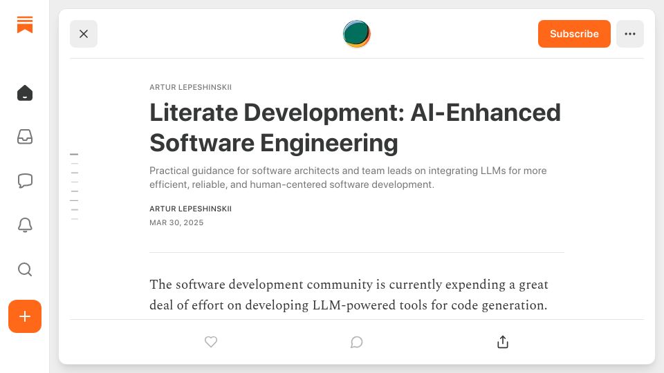 Screenshot of substack.com: Literate Development: AI-Enhanced Software Engineering