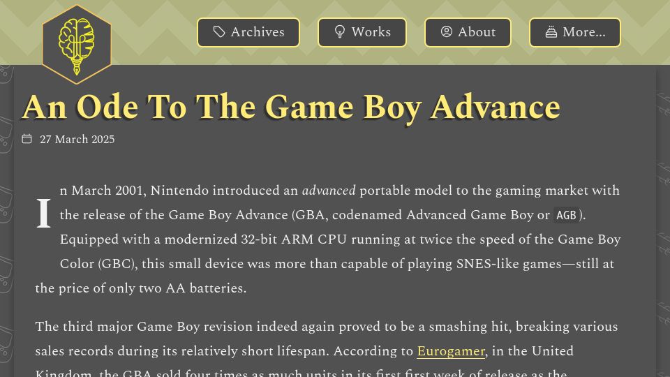 Screenshot of brainbaking.com: An Ode to the Game Boy Advance