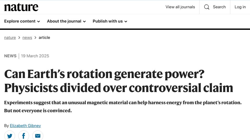Screenshot of nature.com: Can Earth's rotation generate power? Physicists divided over controversial claim