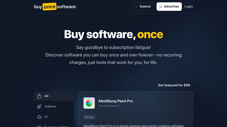 Screenshot of buyoncesoftware.com: Buy once, use forever A directory of one-time purchase software. Add yours
