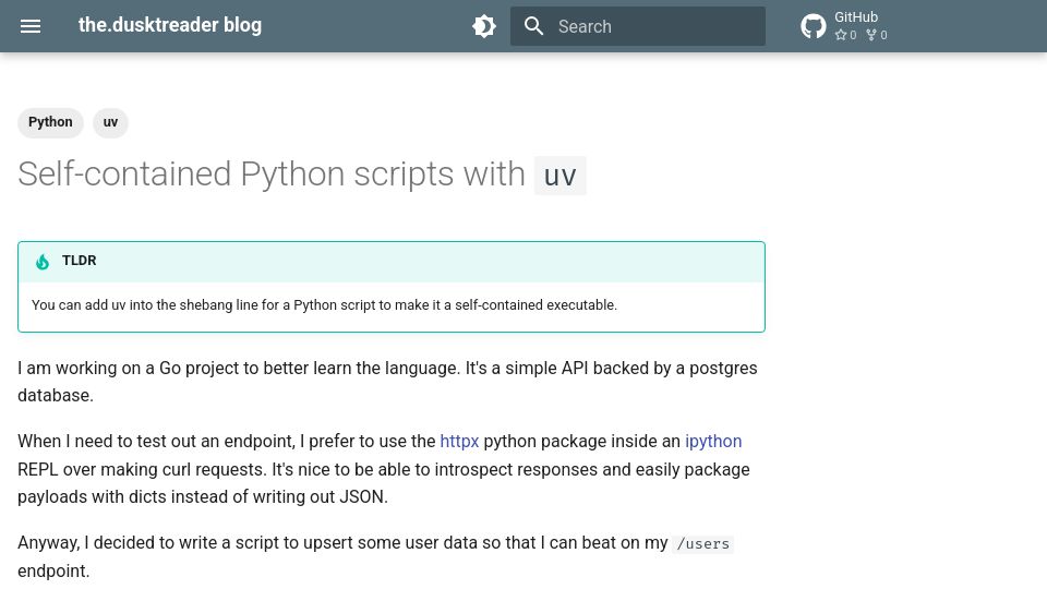 Screenshot of blog.dusktreader.dev: Self-contained Python scripts with uv