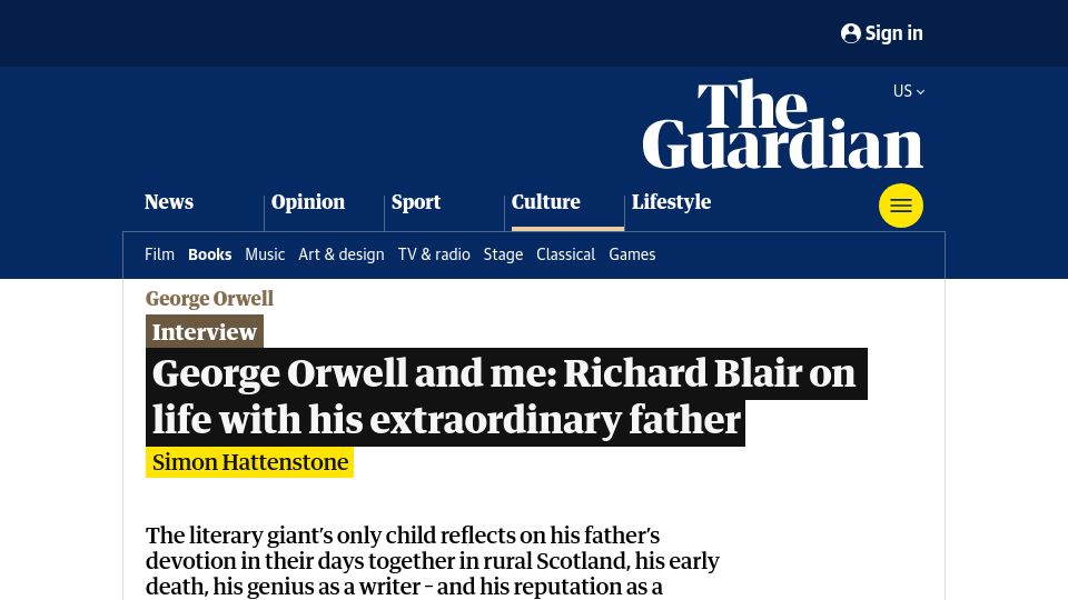 Screenshot of theguardian.com: George Orwell and me: Richard Blair on life with his extraordinary father