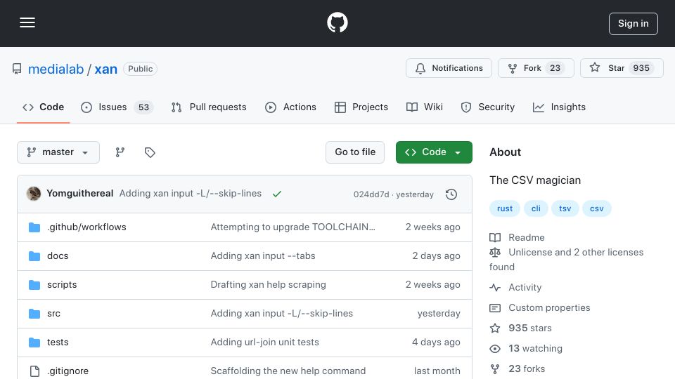 Screenshot of github.com: XAN: A Modern CSV-Centric Data Manipulation Toolkit for the Terminal
