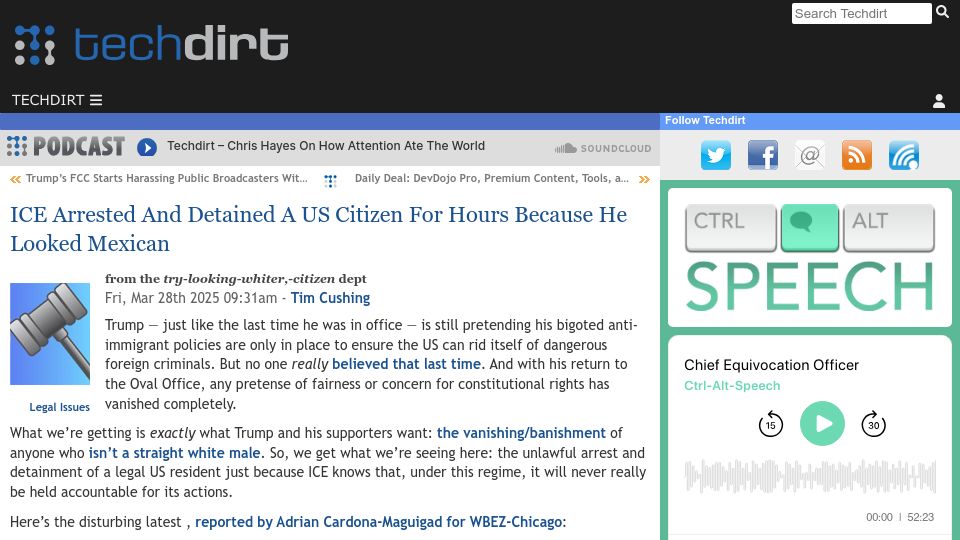 Screenshot of techdirt.com: ICE Arrested and Detained a US Citizen for Hours Because He Looked Mexican