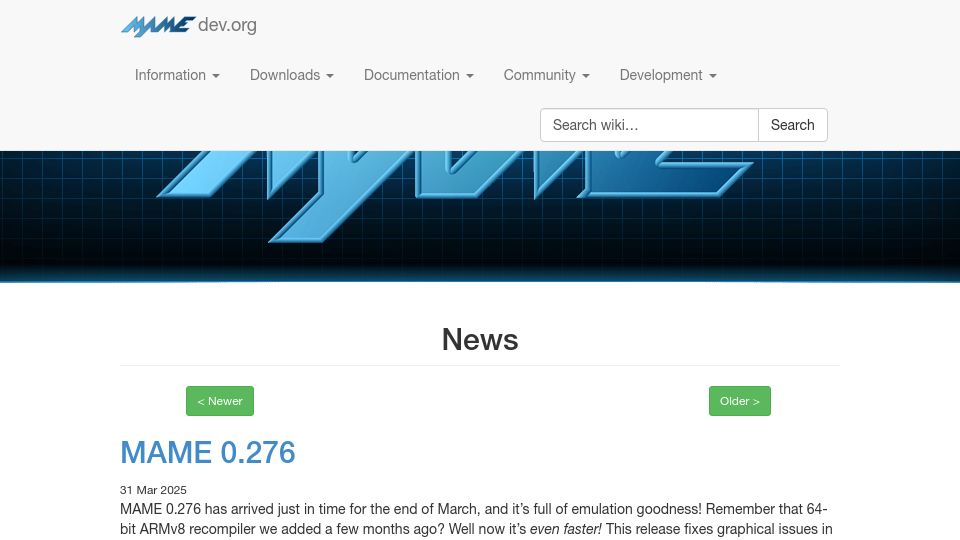 Screenshot of mamedev.org: MAME 0.276