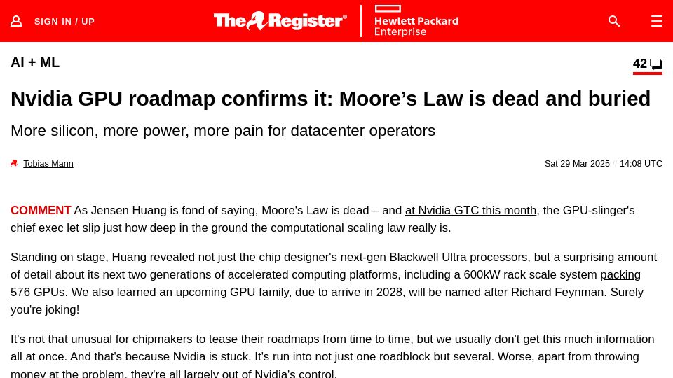 Screenshot of theregister.com: Nvidia GPU roadmap confirms it: Moore's Law is dead and buried