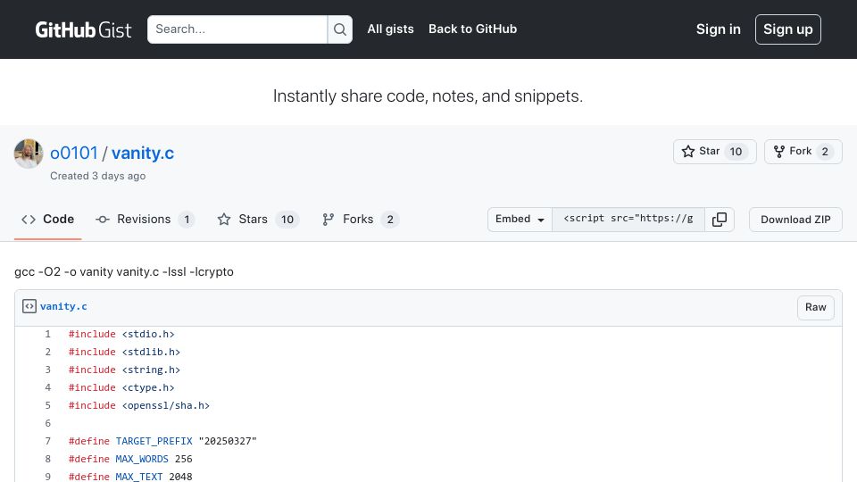Screenshot of gist.github.com: Show HN: I made a C program to create a vanity SHA-1 hash for a text file