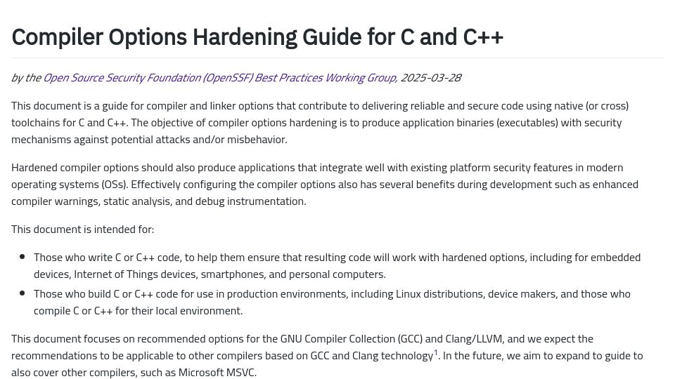 Screenshot of best.openssf.org: Compiler Options Hardening Guide for C and C++