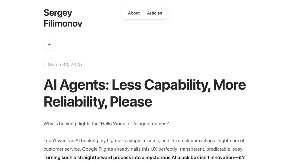 Screenshot of sergey.fyi: AI agents: Less capability, more reliability, please