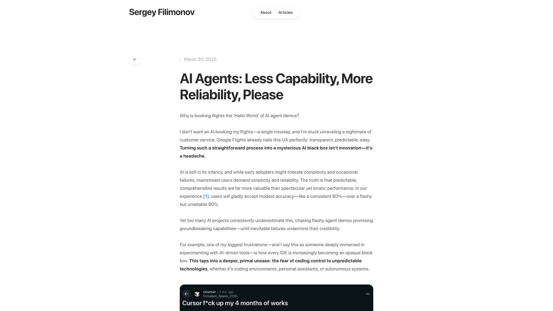 Screenshot of sergey.fyi: AI agents: Less capability, more reliability, please