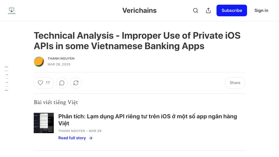Screenshot of blog.verichains.io: Technical Analysis – Improper Use of Private iOS APIs in Vietnamese Banking Apps