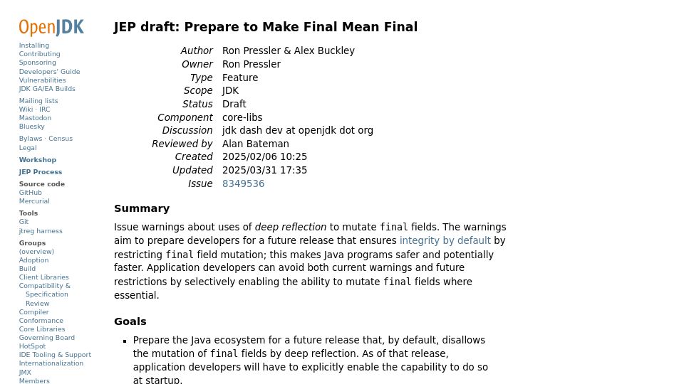 Screenshot of openjdk.org: JEP draft: Prepare to make final mean final
