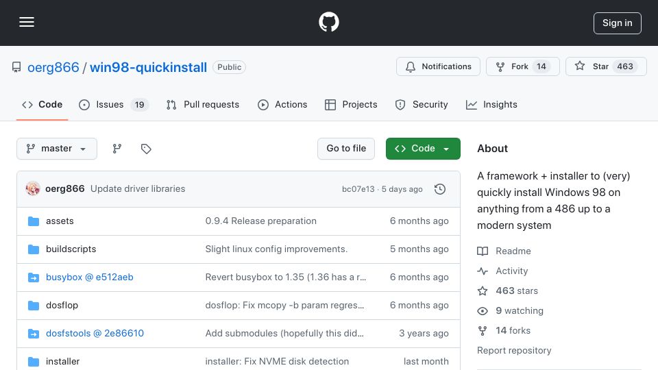Screenshot of github.com: Win98-quickinstall: A framework and installer to quickly install Windows 98