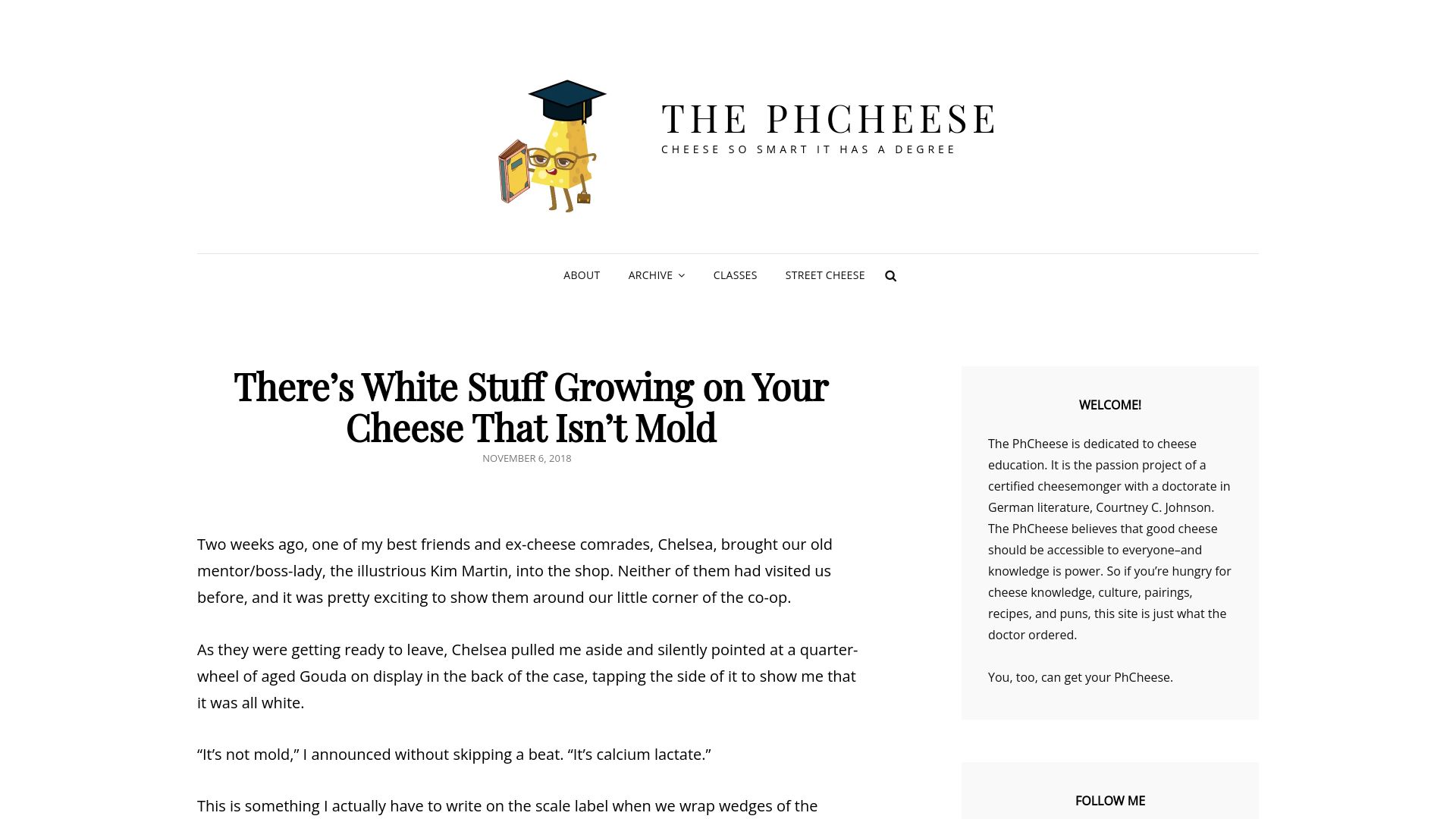 Screenshot of thephcheese.com: It’s not mold, it’s calcium lactate (2018)