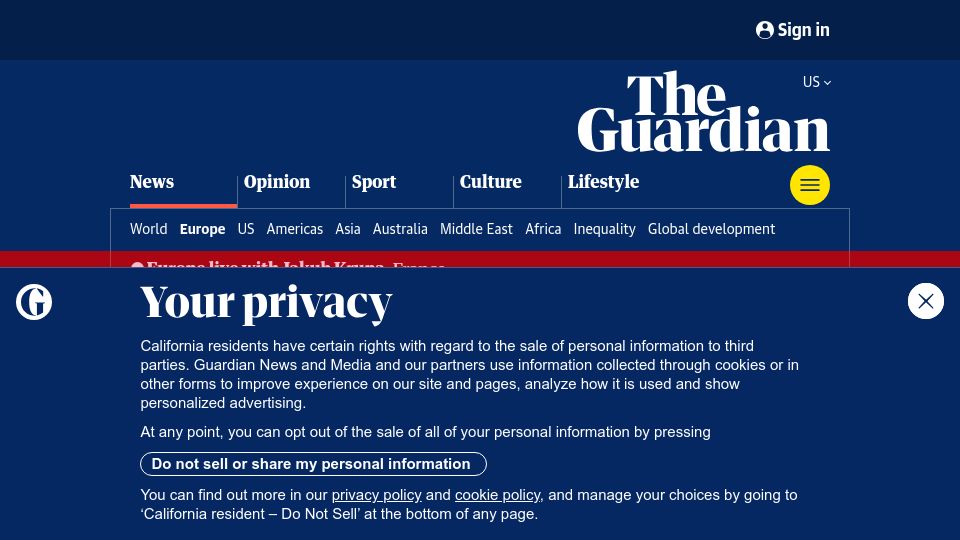 Screenshot of theguardian.com: Marine Le Pen banned from running in 2027 and given four-year sentence
