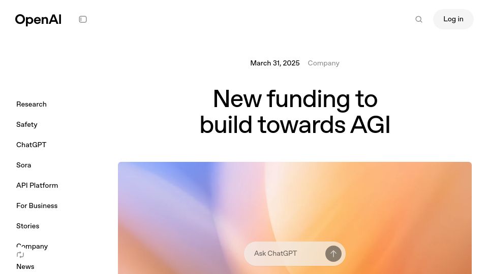 Screenshot of openai.com: New funding to build towards AGI