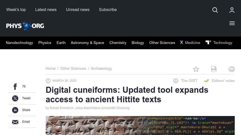 Screenshot of phys.org: Digital cuneiforms: Updated tool expands access to ancient Hittite texts