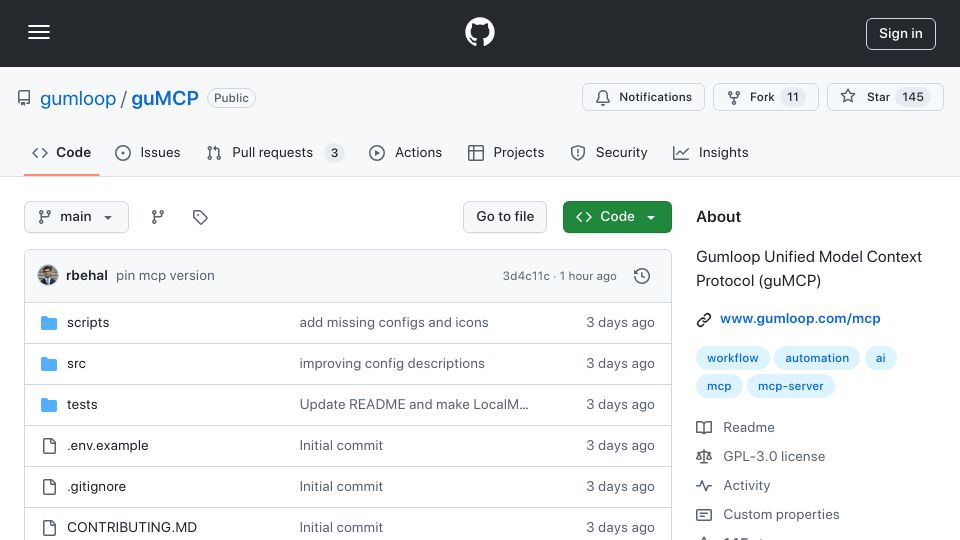 Screenshot of github.com: Show HN: GuMCP – Open-source MCP servers, hosted for free