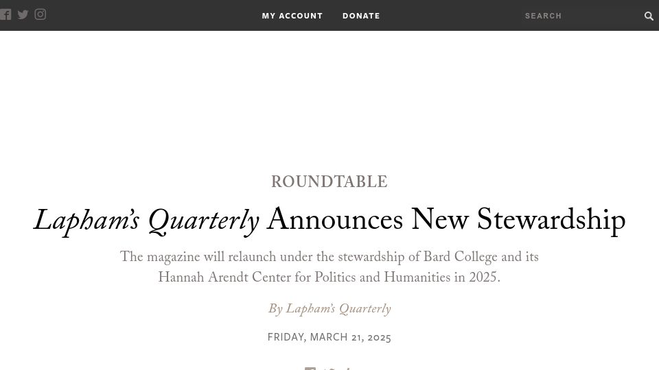 Screenshot of laphamsquarterly.org: Lapham's Quarterly Announces New Stewardship