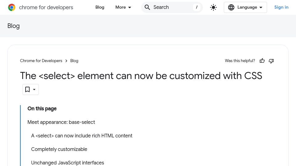 Screenshot of developer.chrome.com: The <select> element can now be customized with CSS