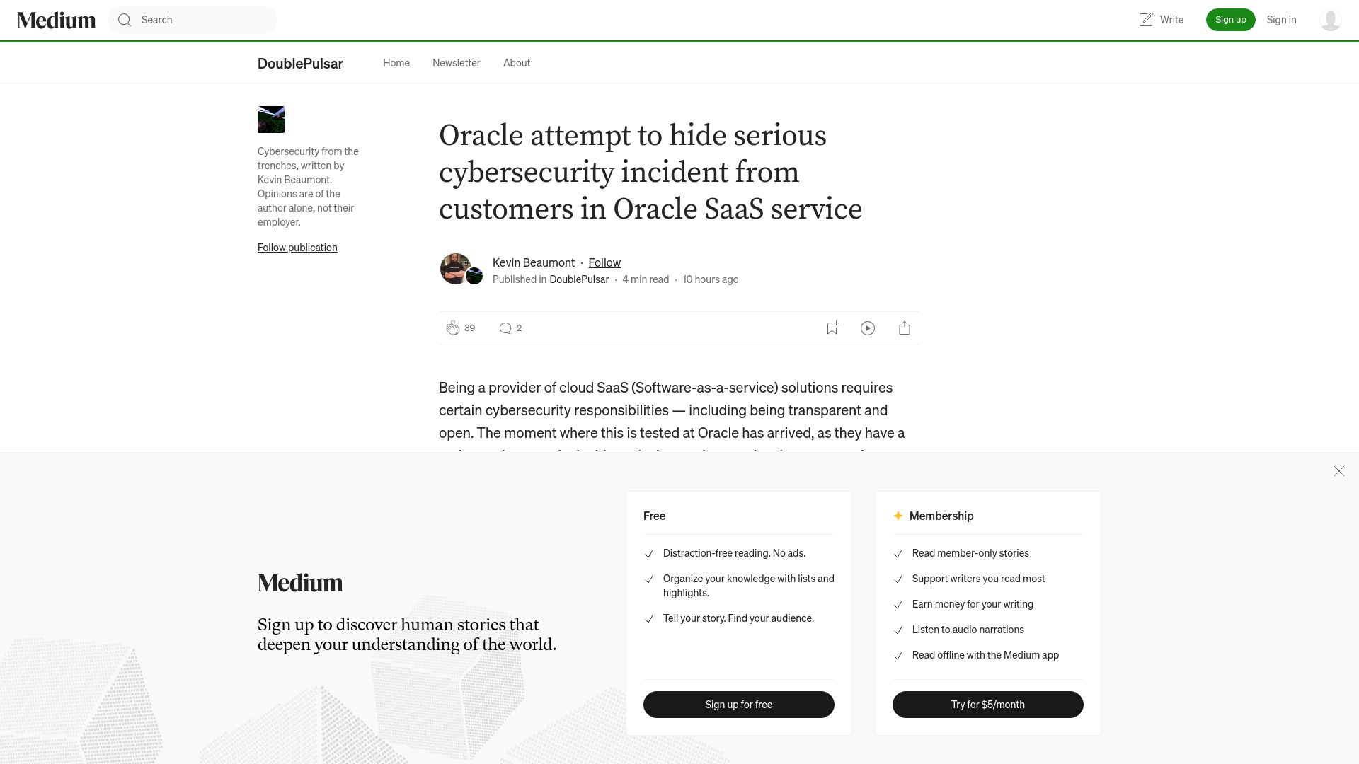 Screenshot of doublepulsar.com: Oracle attempt to hide cybersecurity incident from customers?