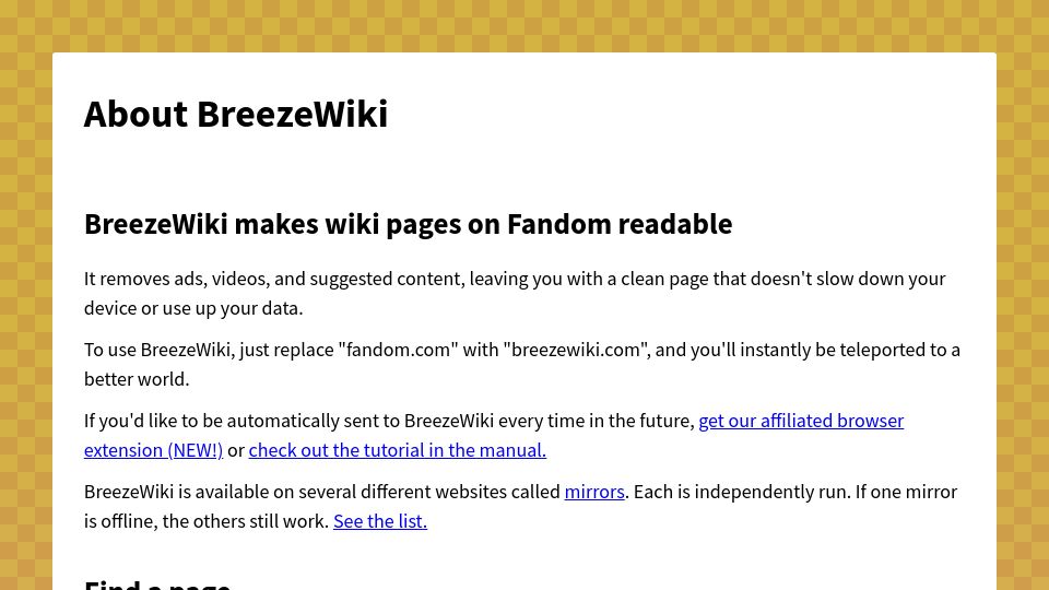 Screenshot of breezewiki.com: BreezeWiki makes wiki pages on Fandom readable