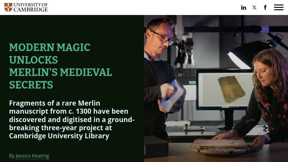 Screenshot of cam.ac.uk: Fragments of a rare Merlin manuscript from c. 1300