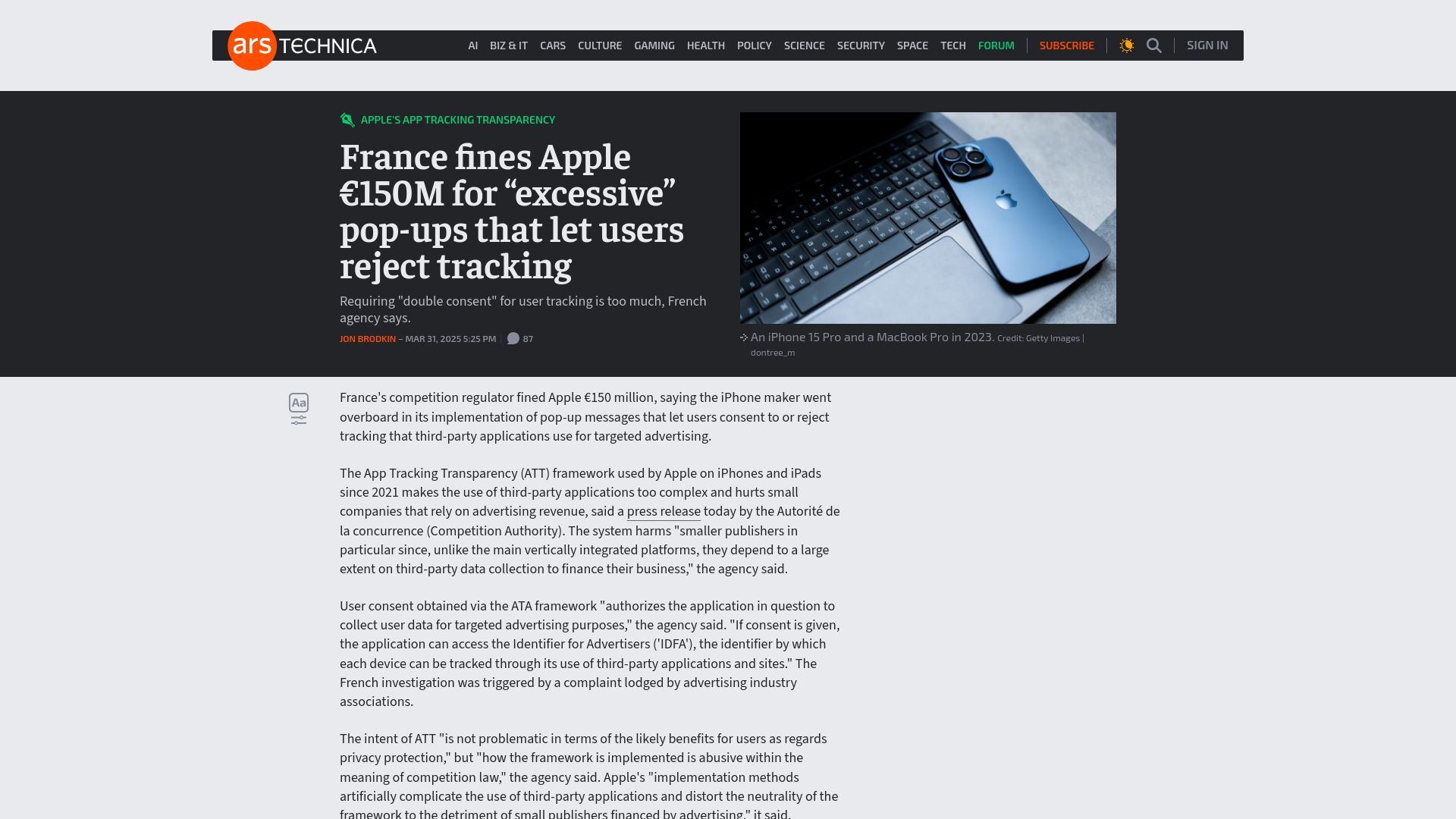 Screenshot of arstechnica.com: France fines Apple €150M for “excessive” pop-ups that let users reject tracking