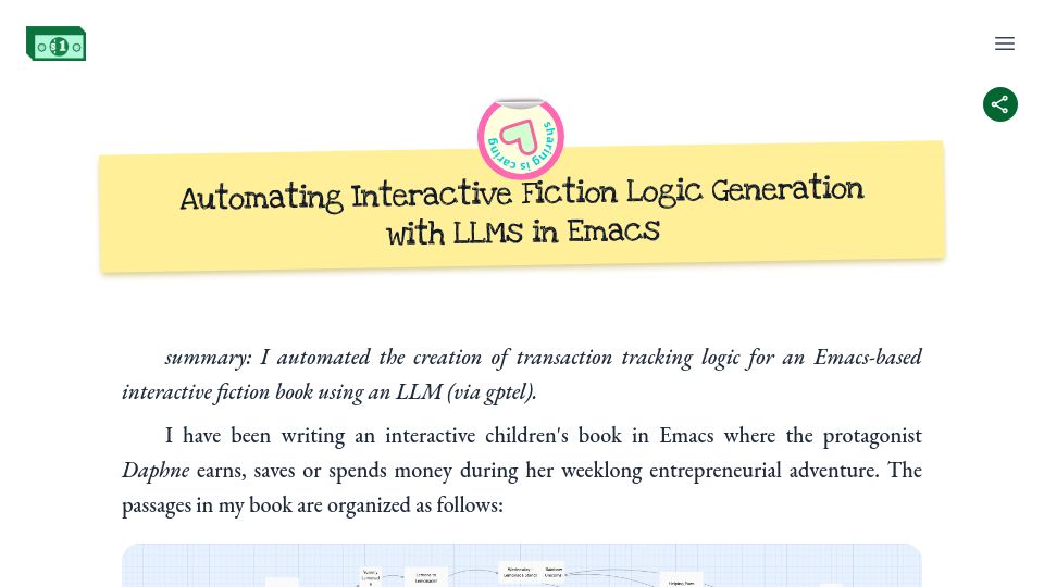Screenshot of blog.tendollaradventure.com: Automating Interactive Fiction Logic Generation with LLMs in Emacs