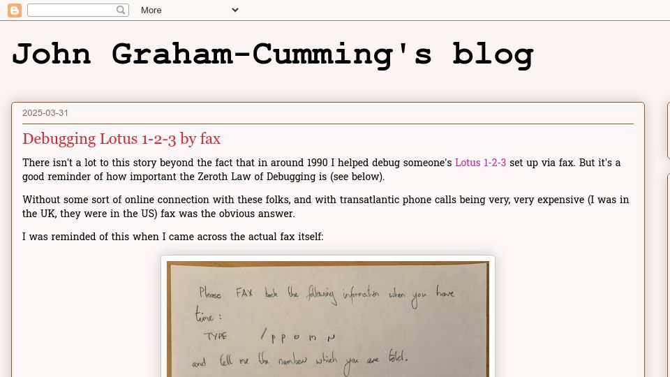Screenshot of blog.jgc.org: Debugging Lotus 1-2-3 by fax