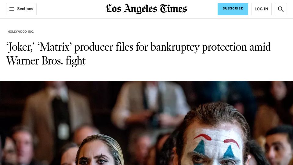 Screenshot of latimes.com: Village Roadshow Entertainment has filed for Chapter 11 bankruptcy protection