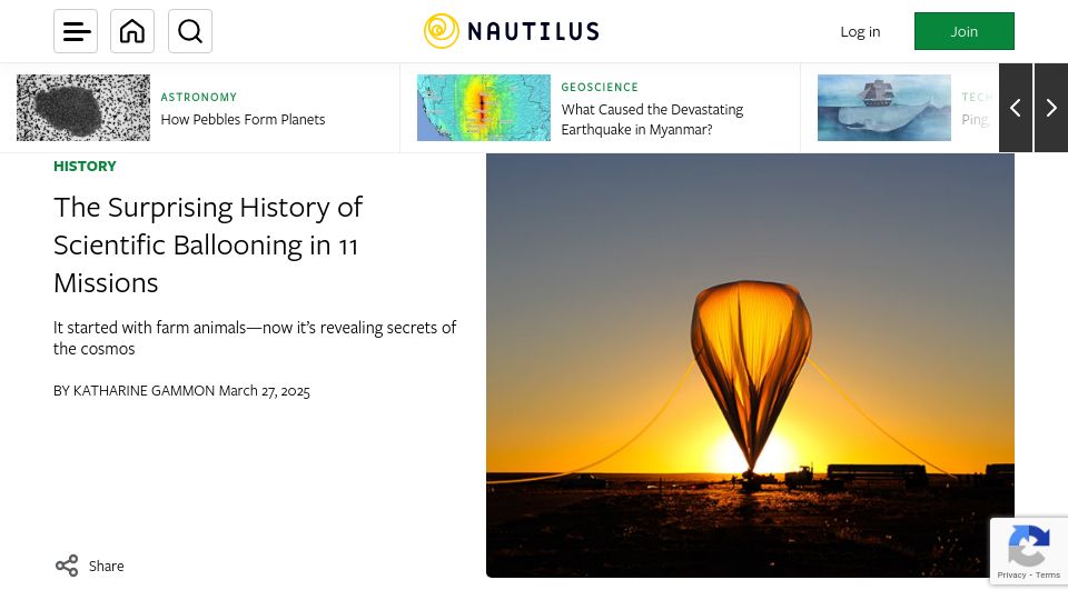 Screenshot of nautil.us: The Surprising History of Scientific Ballooning in 11 Missions