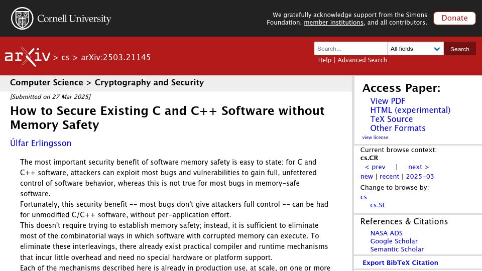 Screenshot of arxiv.org: How to Secure Existing C and C++ Software Without Memory Safety [pdf]
