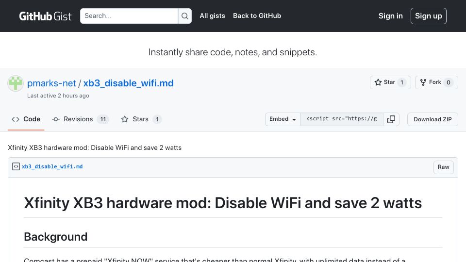 Screenshot of gist.github.com: Xfinity XB3 hardware mod: Disable WiFi and save 2 watts