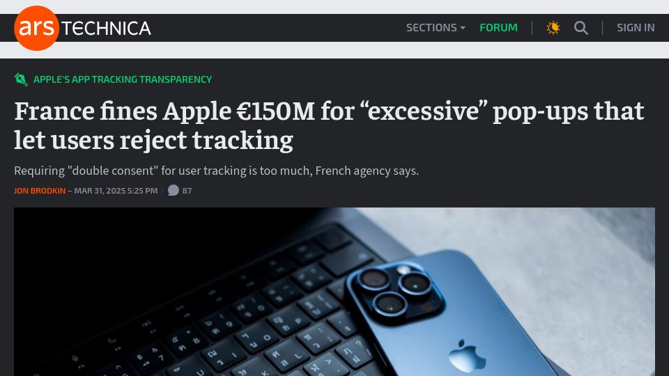 Screenshot of arstechnica.com: France fines Apple €150M for “excessive” pop-ups that let users reject tracking
