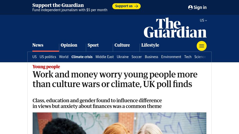 Screenshot of theguardian.com: UK poll: Work and money worry young people more than culture wars or climate
