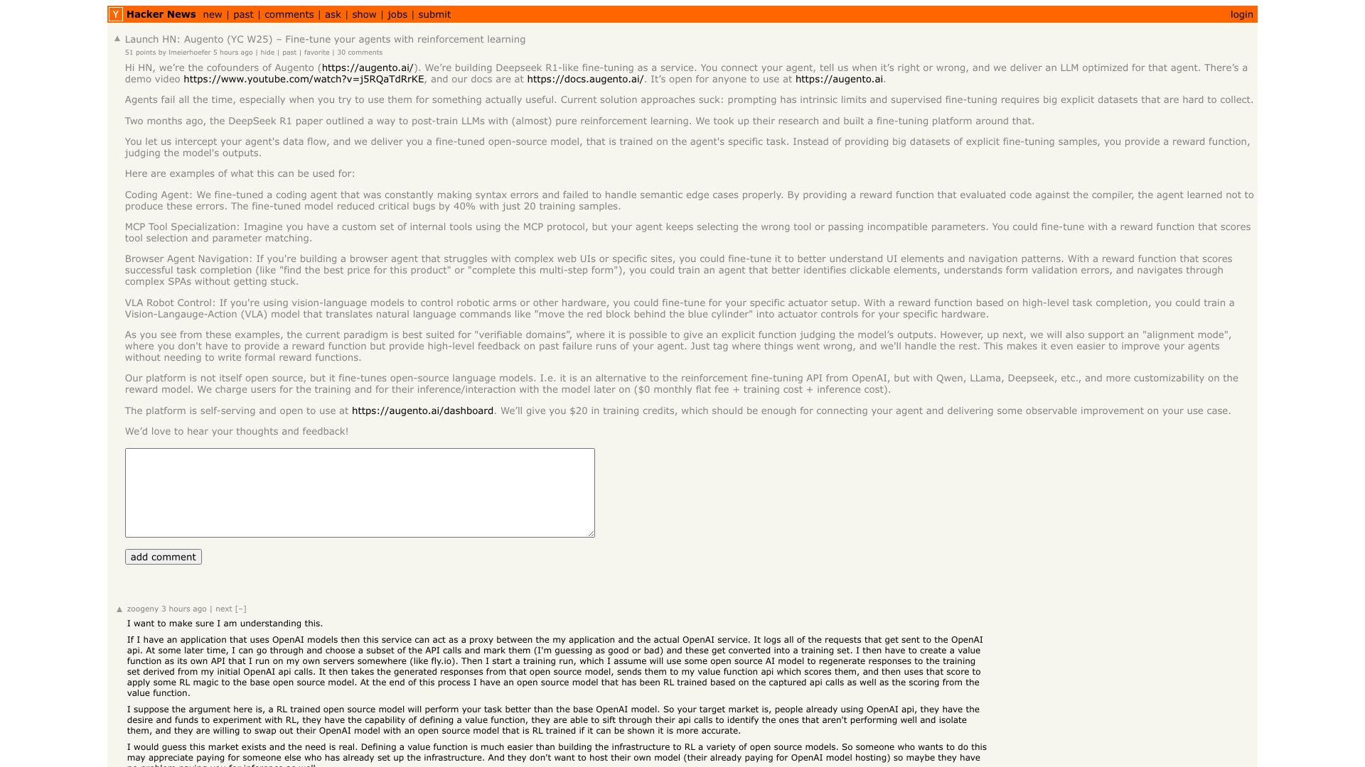 Screenshot of this Hacker News post: Launch HN: Augento (YC W25) – Fine-tune your agents with reinforcement learning
