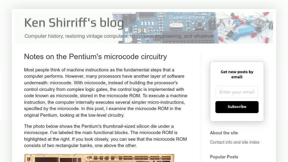 Screenshot of righto.com: Notes on the Pentium's microcode circuitry