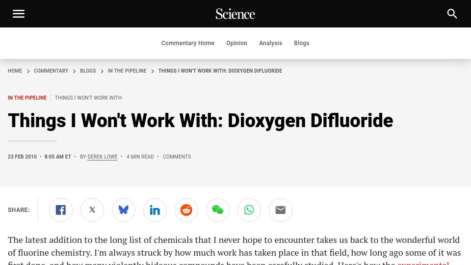 Screenshot of science.org: Things I Won't Work With: Dioxygen Difluoride (2010)
