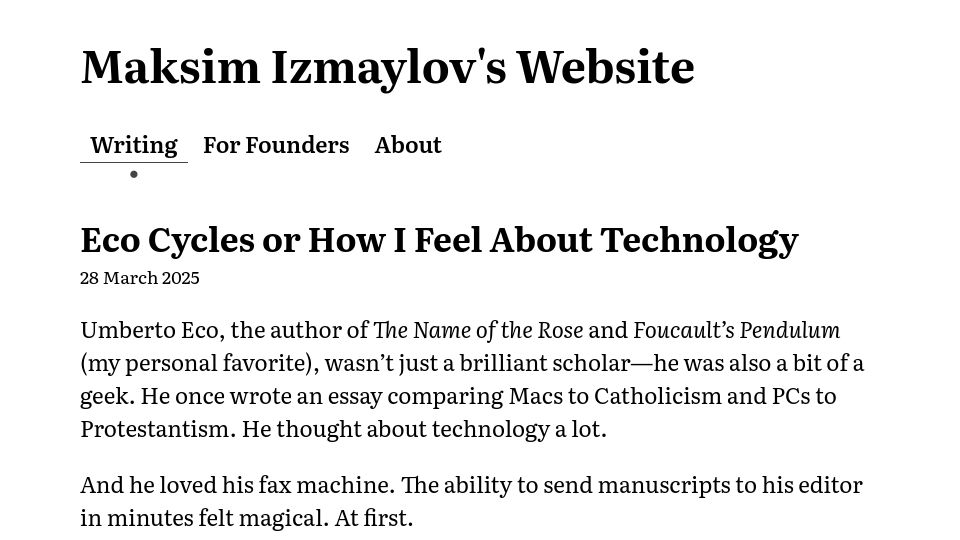 Screenshot of maksimizmaylov.com: Eco Cycles or How I Feel About Technology
