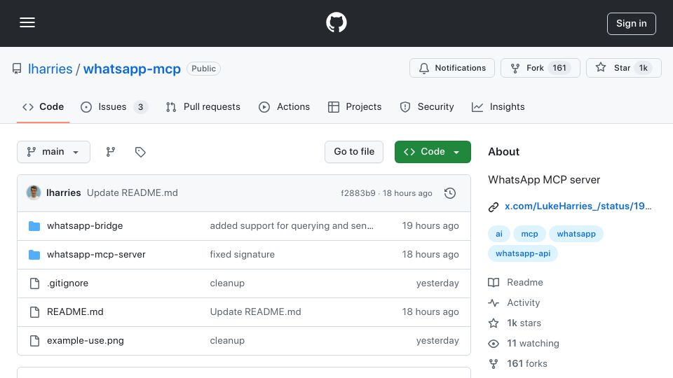 Screenshot of github.com: Show HN: WhatsApp MCP Server