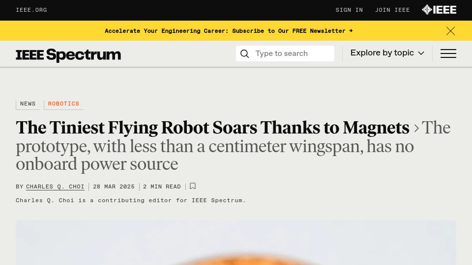 Screenshot of spectrum.ieee.org: Tiniest Flying Robot (Wingspan <1cm) Soars Thanks to Magnets