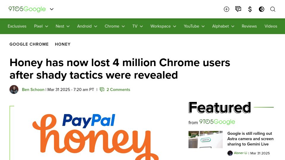 Screenshot of 9to5google.com: Honey has now lost 4M Chrome users after shady tactics were revealed