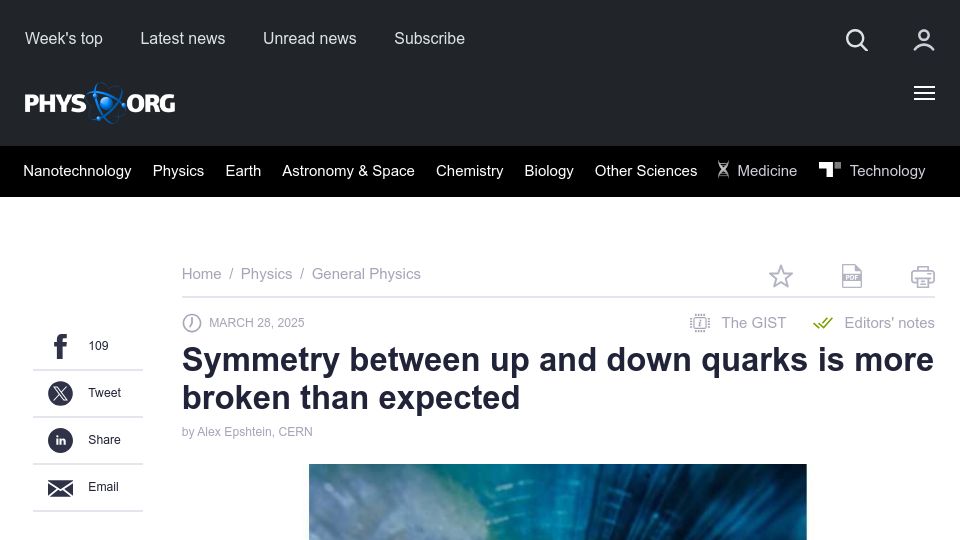 Screenshot of phys.org: Symmetry between up and down quarks is more broken than expected