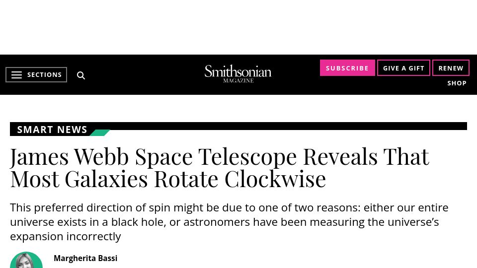Screenshot of smithsonianmag.com: James Webb Space Telescope reveals that most galaxies rotate clockwise