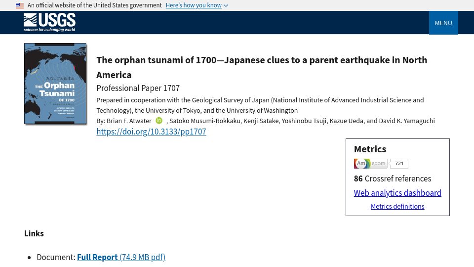 Screenshot of pubs.usgs.gov: Orphan tsunami of 1700–Japanese clues to a parent earthquake in America (2015)